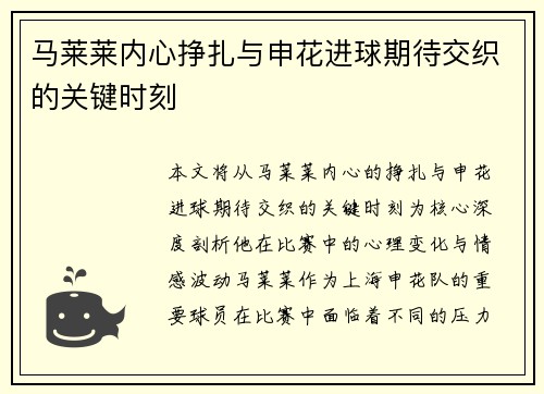 马莱莱内心挣扎与申花进球期待交织的关键时刻